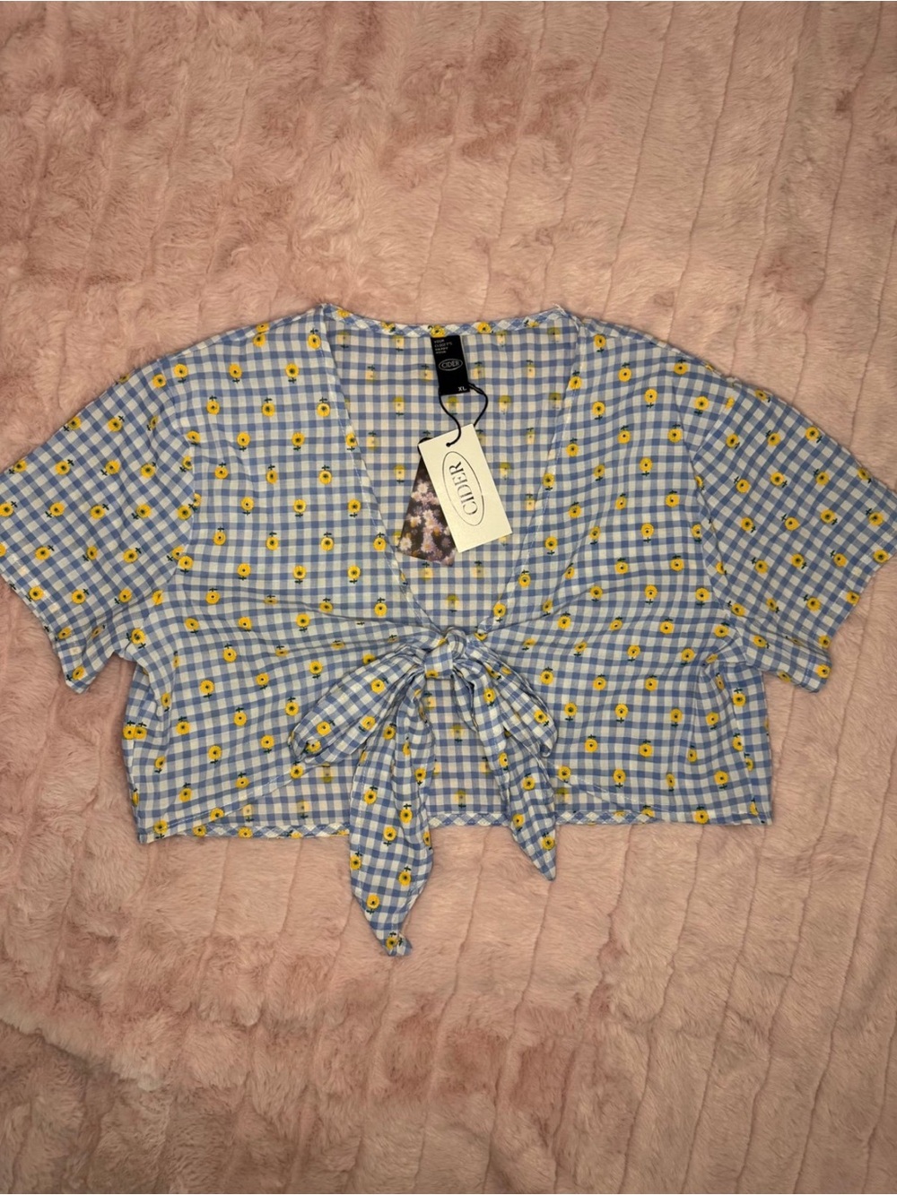 Cider - NWT Blue & White Gingham Tie-Front Crop Top + Yellow Floral - Size XL
